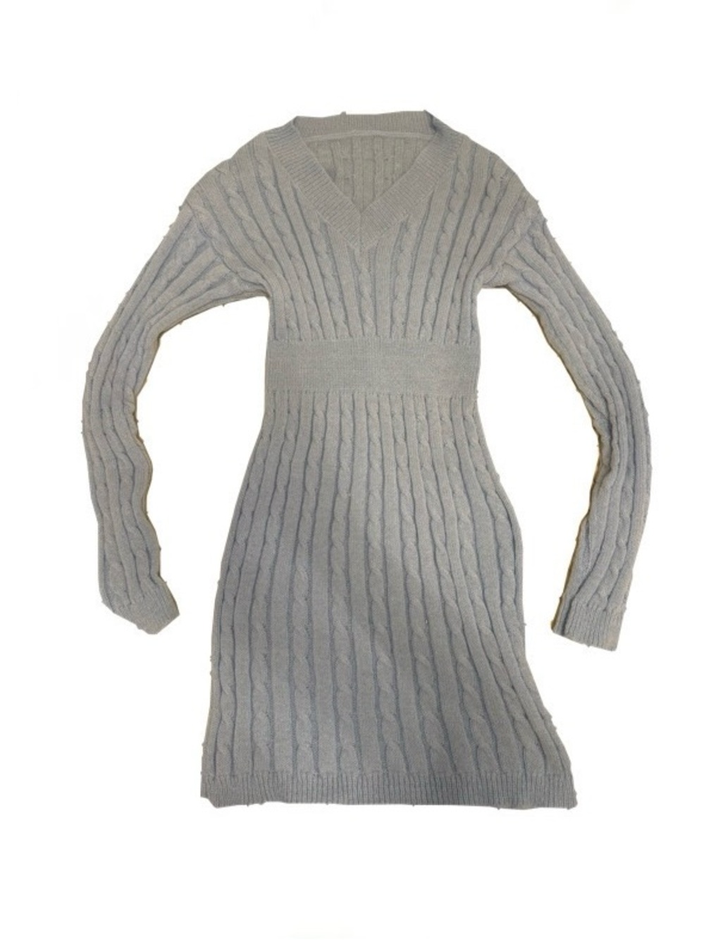 Light Blue Cable Knit V-Neck Sweater Dress - Women's